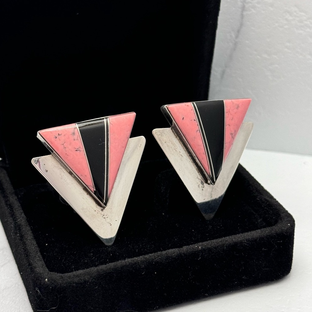 Navajo Signed Sterling Silver Geometric Pink and Black clip on Earrings